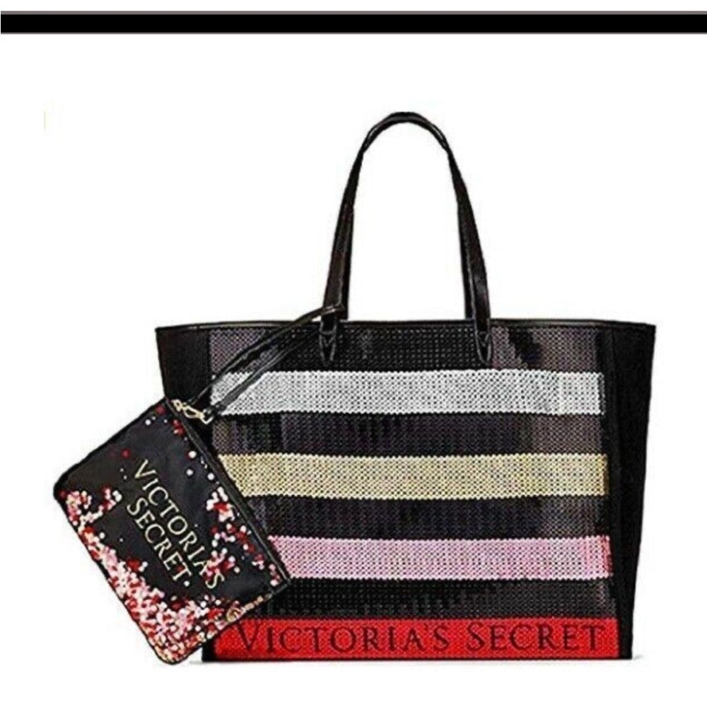 NWT Victoria’s Secret Bling Stripe Sequin Carryall Tote Bag Matching Wristlet